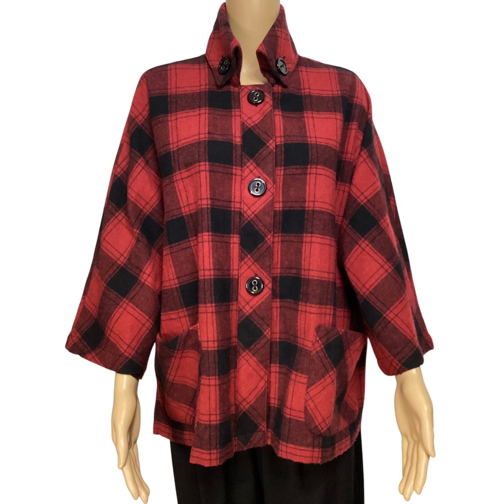 Coldwater Creek Red Black Buffalo Plaid Wool Blend Button Front Jacket Medium